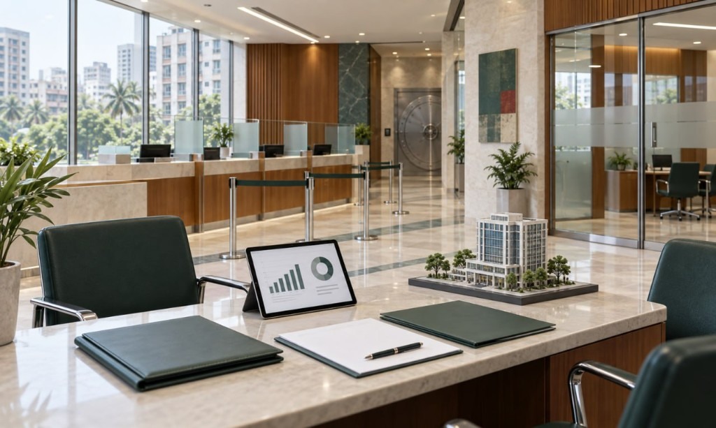 Corporate advisory workspace with portfolio materials and institutional banking setting