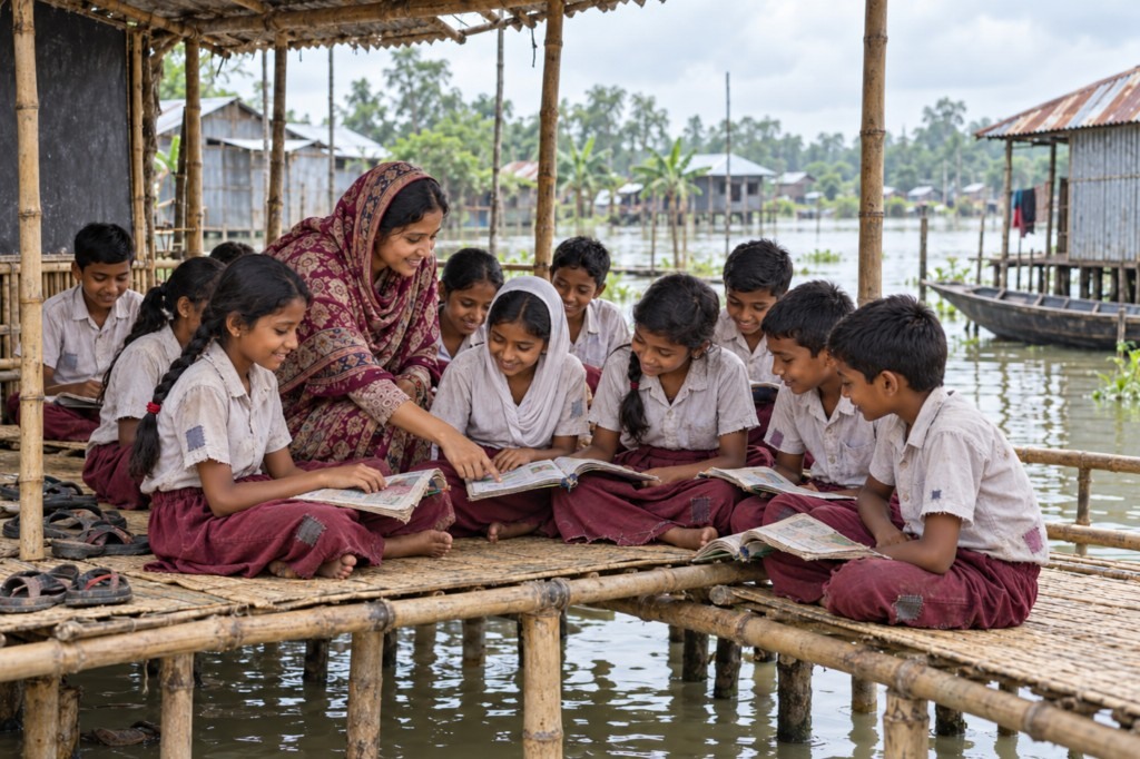 Teacher and students learning in a riverside community classroom in Bangladesh