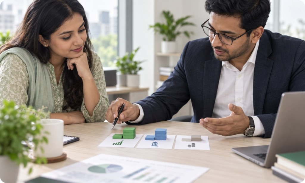 Advisor guiding a client through asset allocation options and portfolio charts