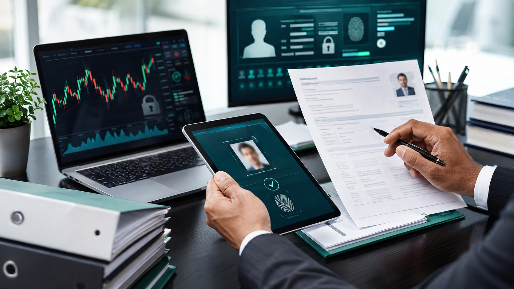 Secure compliance desk reviewing e-KYC documents and trading supervision screens.