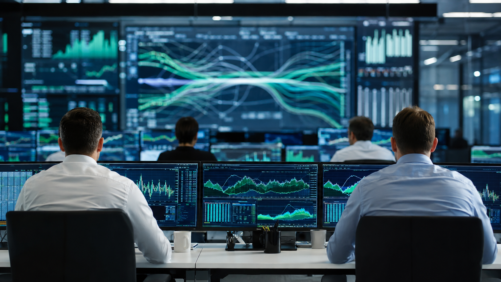 Institutional market operations room monitoring liquidity flows and trading dashboards.