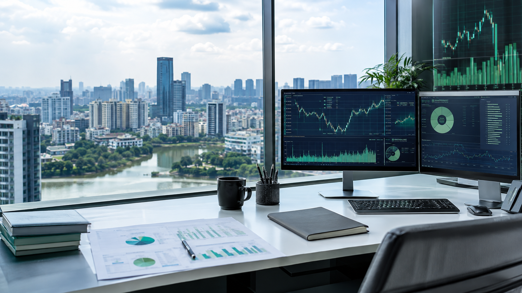 Bangladesh capital market research desk overlooking Dhaka with trading dashboards.