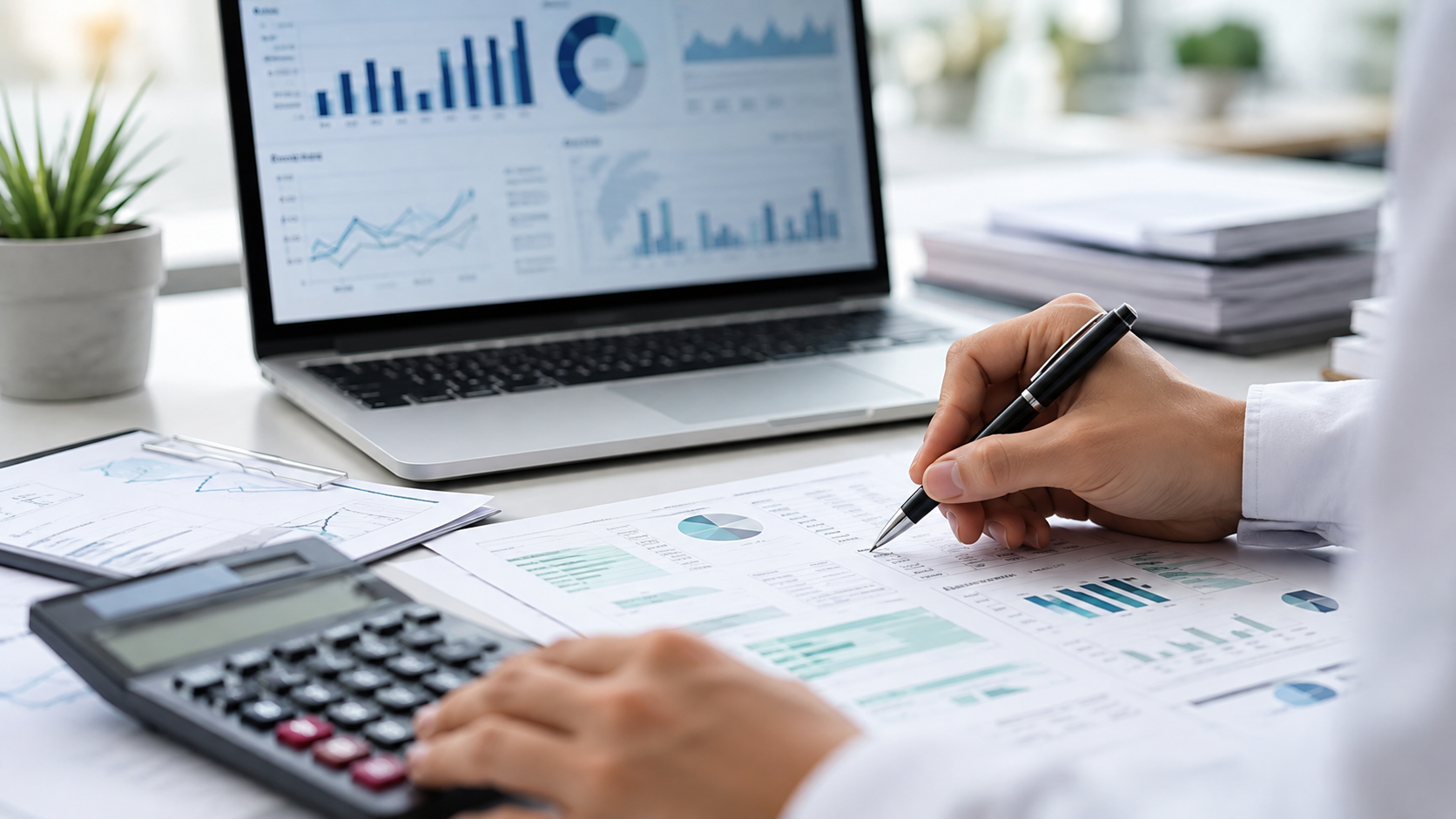 Financial analyst reviewing valuation charts, calculator, and research documents.