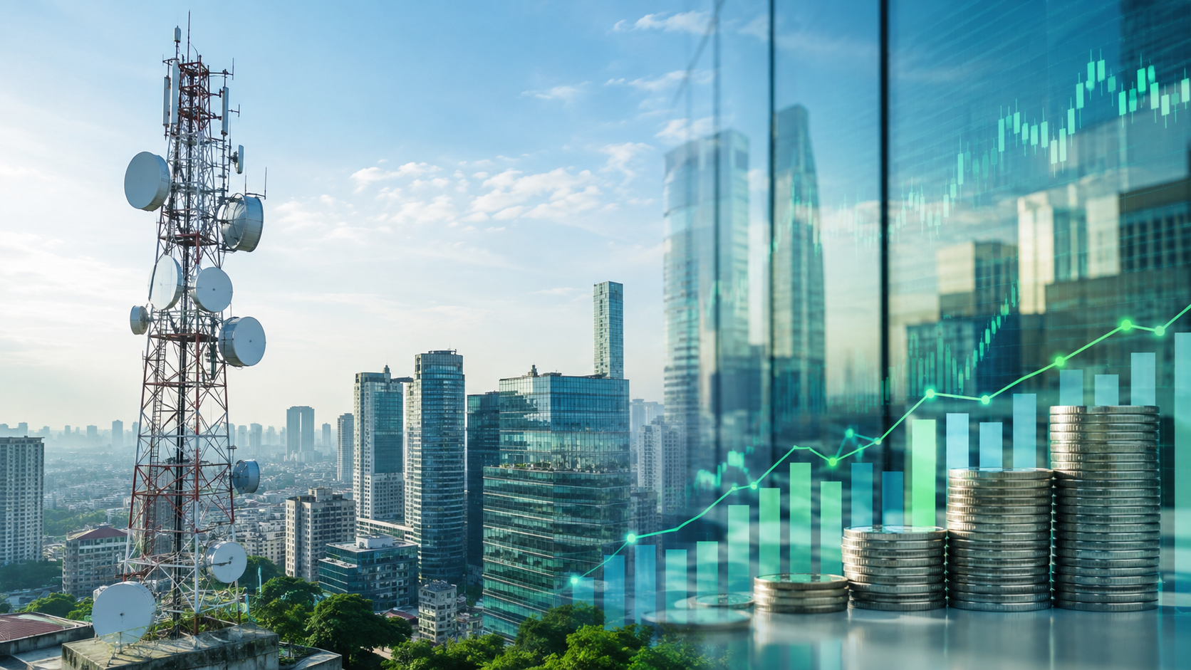 Telecom tower and city skyline with financial chart reflections.