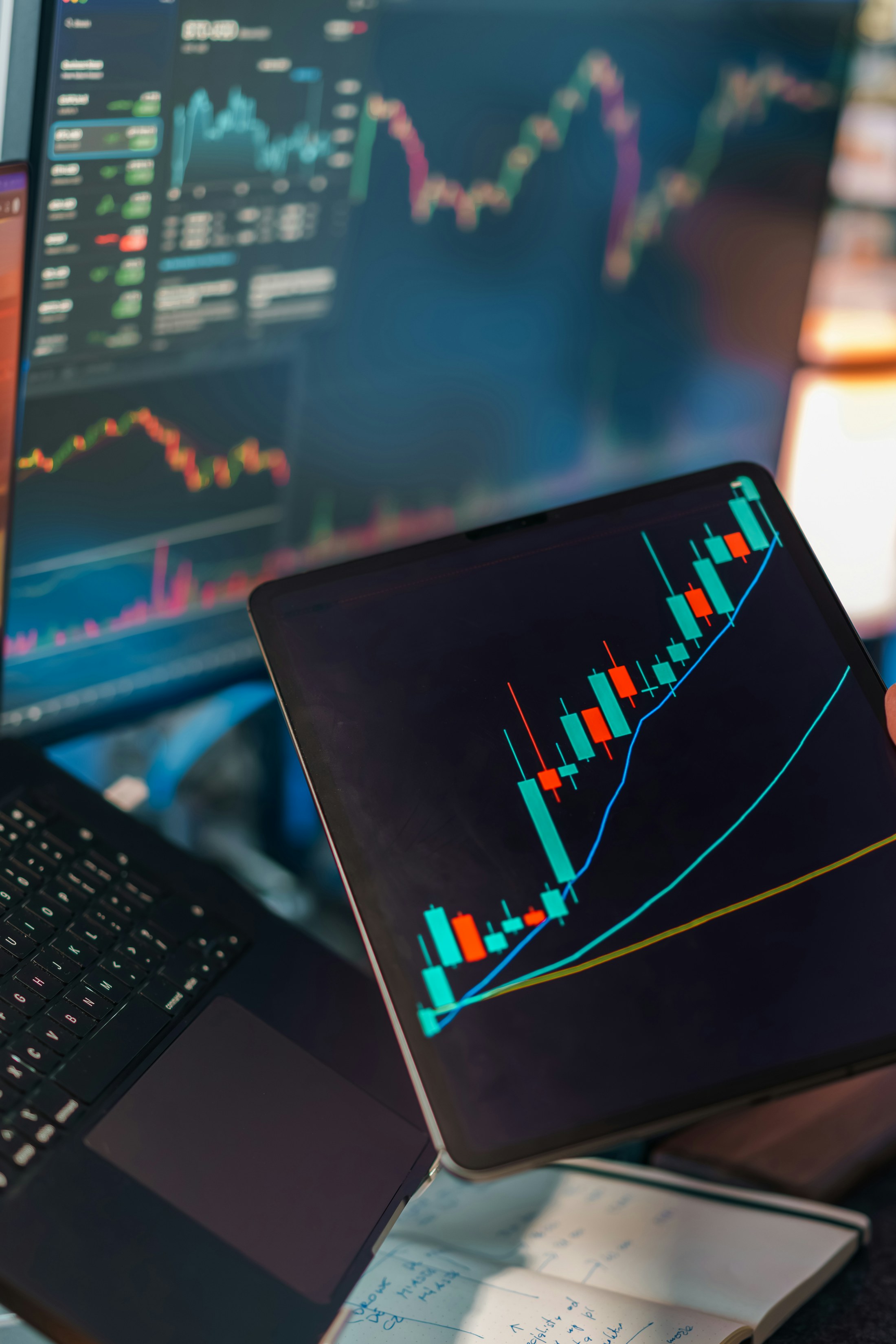 Advanced trading visualization workspace with multi-chart analytics screens